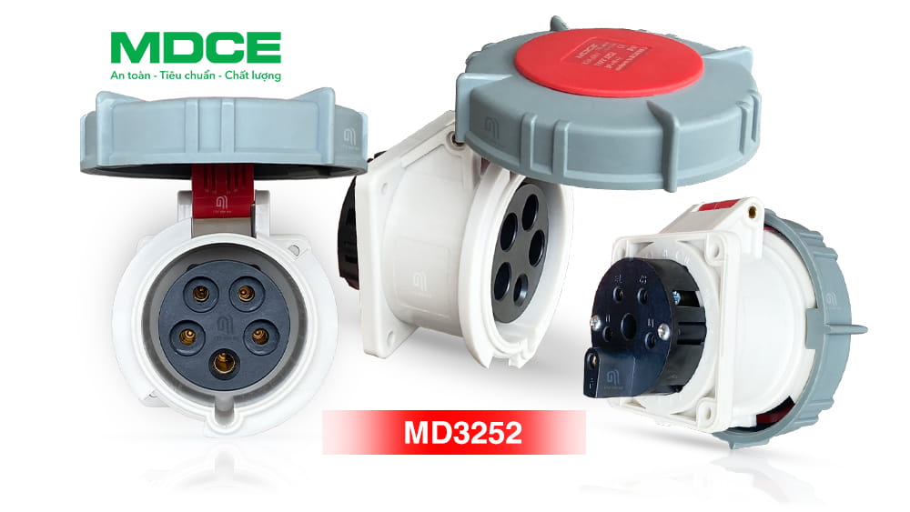 Ổ cắm 3 pha 32A 5 chấu lắp tủ gắn hộp nguồn MD3252